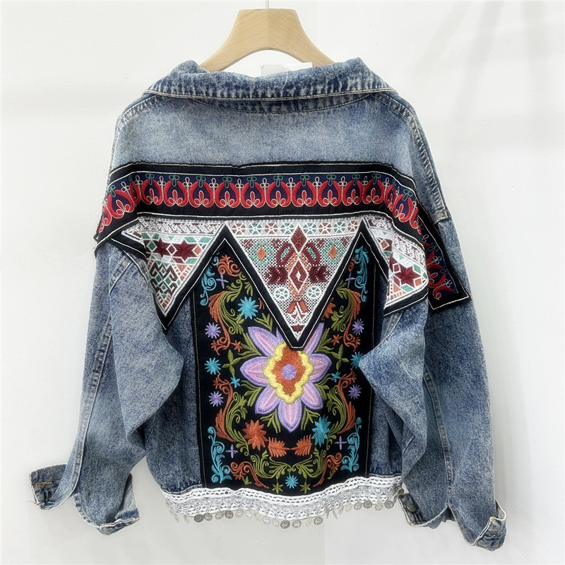 Patchwork Jean Jacket - Vintage Women Denim Jackets Embroidery Coats