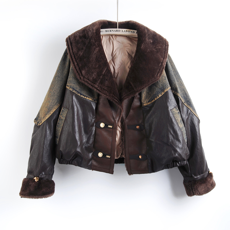 Winter New Fashion Faux Pu Lea - Patchwork Jean Jacket recensione e prezzo