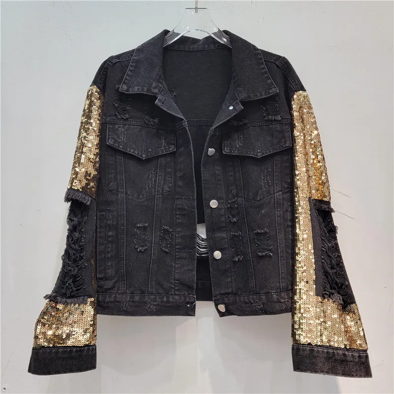 Spring New Fashion Sequin Long - Patchwork Jean Jacket recensione e prezzo
