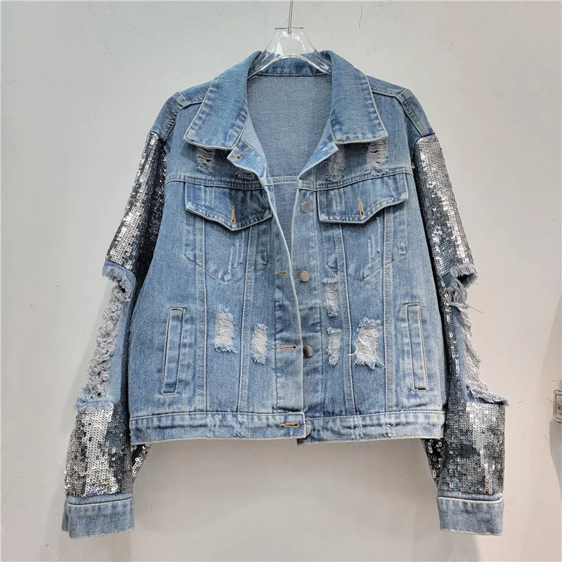 Spring New Fashion Sequin Long - Patchwork Jean Jacket recensione e prezzo