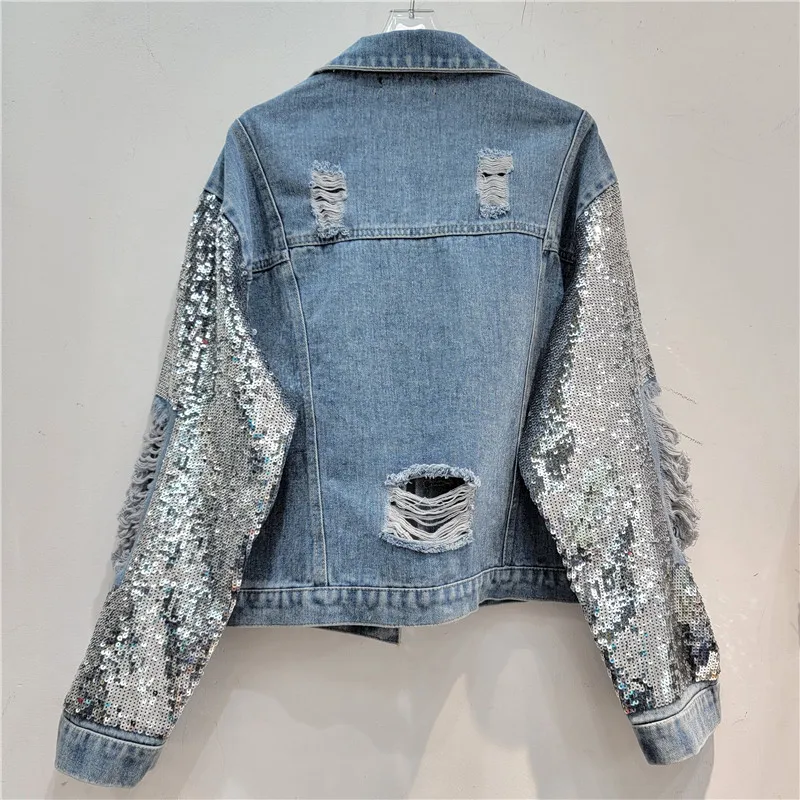 Spring New Fashion Sequin Long - Patchwork Jean Jacket recensione e prezzo