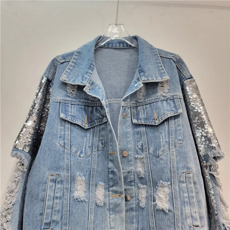 Spring New Fashion Sequin Long - Patchwork Jean Jacket recensione e prezzo